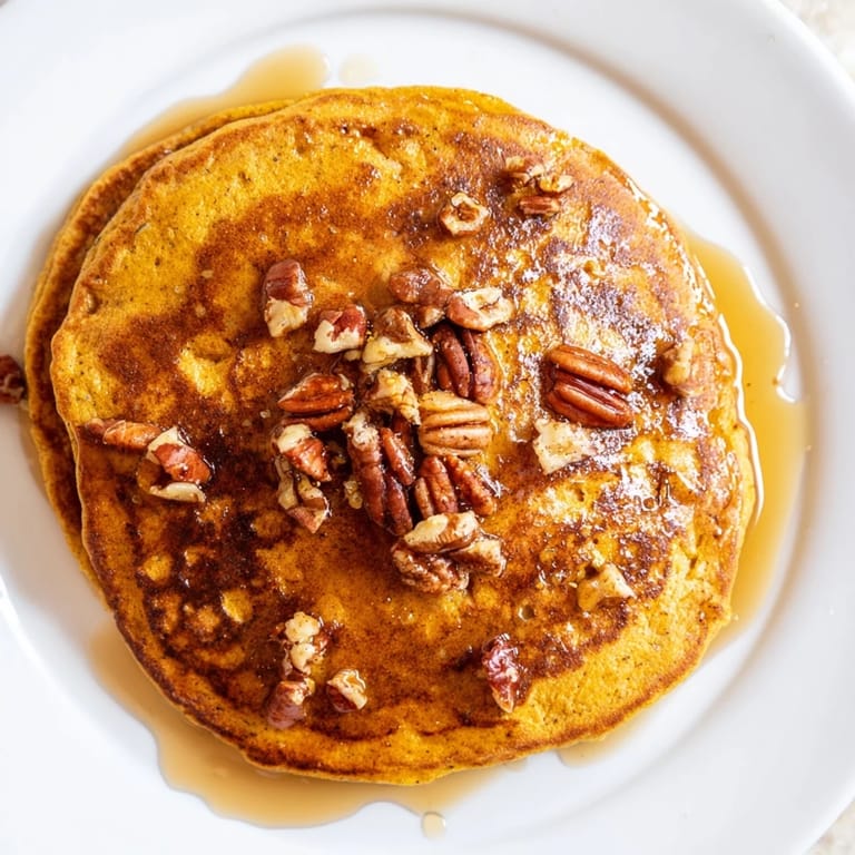 Homemade pumpkin spice pancakes served with pecans and powdered sugar on a rustic wooden table for brunch.