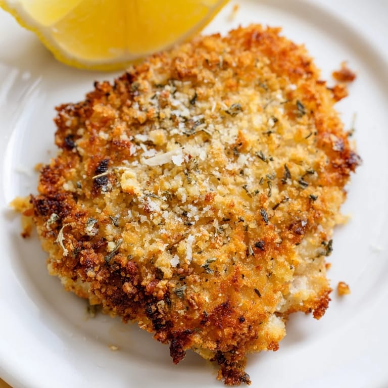 Freshly fried Crispy Parmesan Chicken Cutlet rests on paper towels, garnished with chopped parsley for a bright finish.