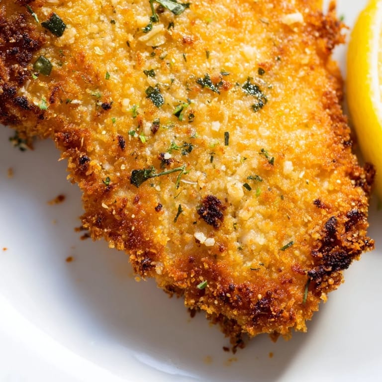 Served on a white plate, Crispy Parmesan Chicken Cutlet pairs with a side salad and lemon wedges for dinner.