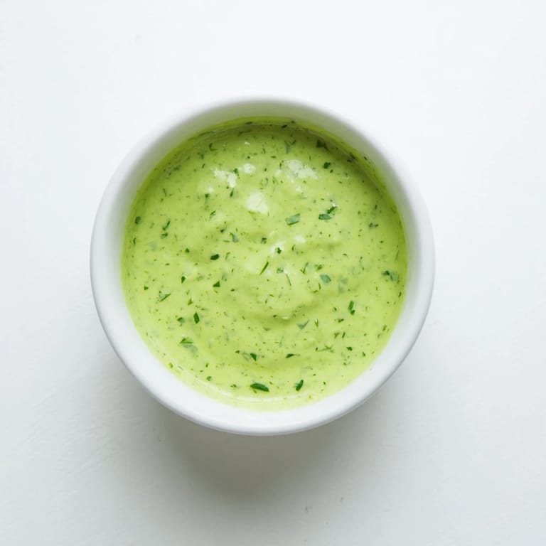 Spoon dipping into creamy Green Goddess Dressing, with visible flecks of parsley and tarragon in a rustic ceramic bowl.