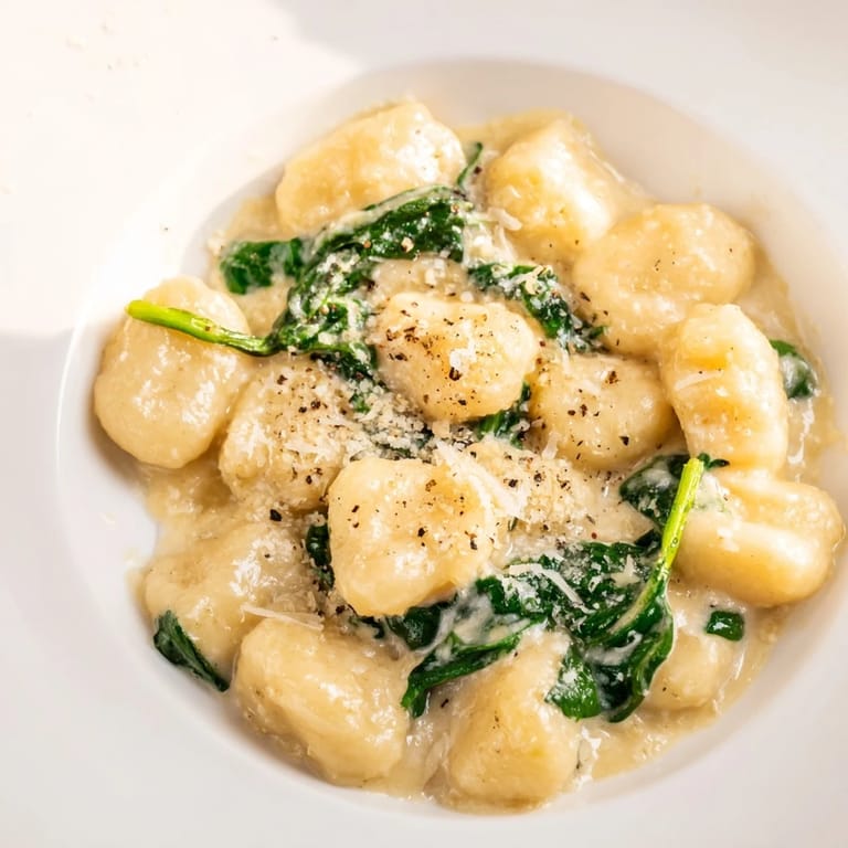 Sizzling skillet of creamy garlic gnocchi tossed with tender greens, perfect for a quick, cozy dinner for four with Italian flair.