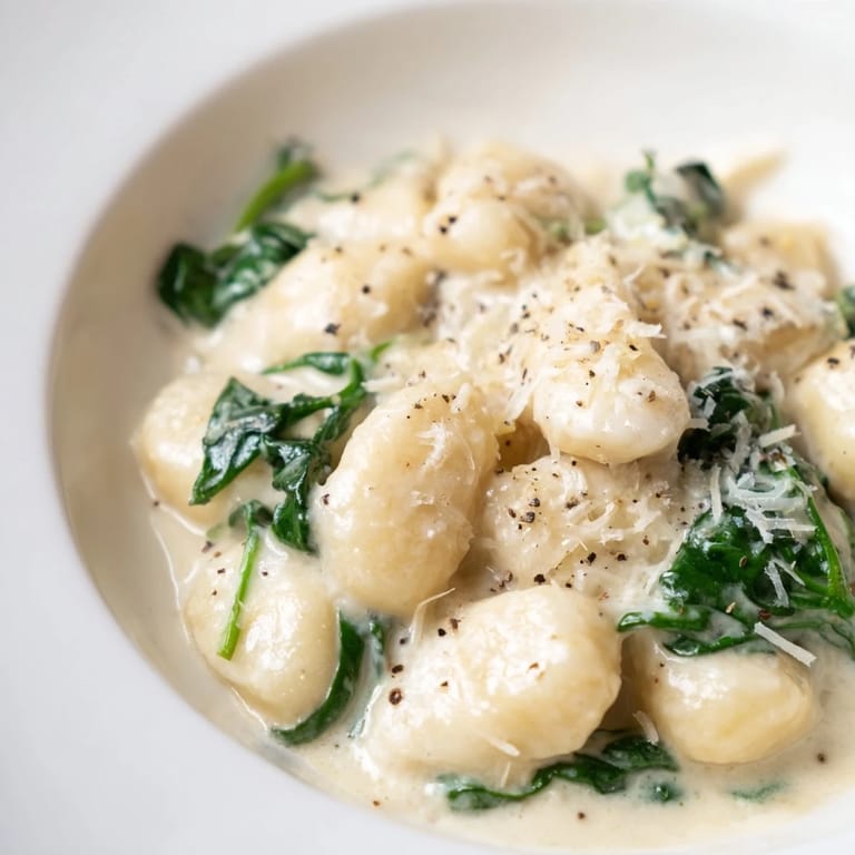 Close-up of golden potato gnocchi coated in velvety garlic cream sauce, topped with fresh spinach and grated Parmesan for easy weeknight comfort food.