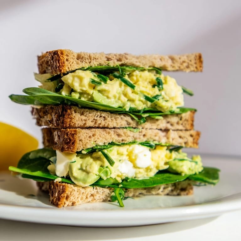 An open-faced Avocado Egg Salad Sandwich shows chunky egg salad, creamy avocado, and bright lemon juice on toasted bread.