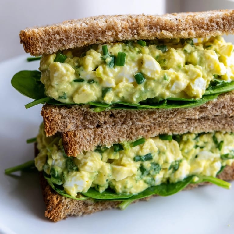 A plated Avocado Egg Salad Sandwich with spinach, sliced tomato, and creamy egg avocado filling, perfect for a healthy lunch.