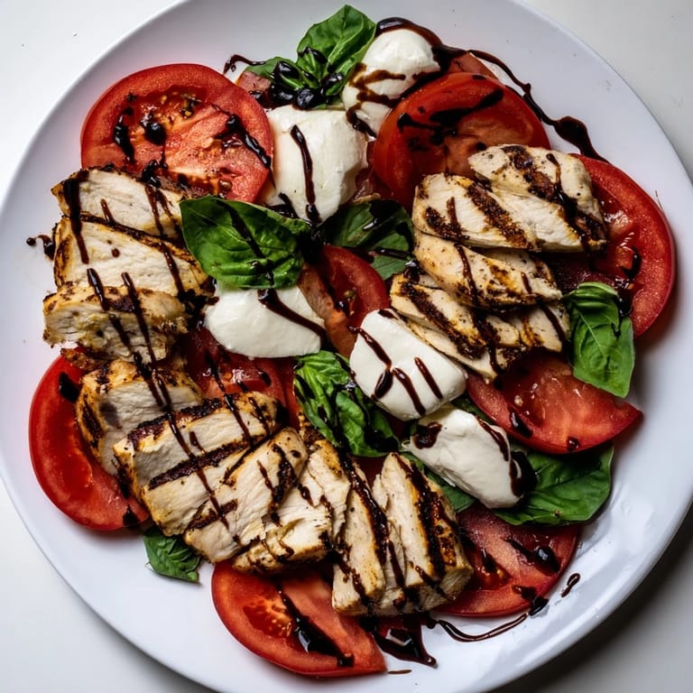 Juicy grilled chicken breasts layered with creamy mozzarella and bright tomatoes, accented by fresh basil leaves for a classic Chicken Caprese Salad.