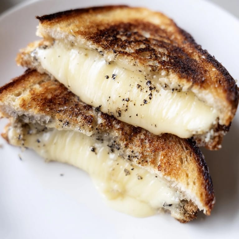 Crisp, buttery Truffle Grilled Cheese with gooey Gruyère, ready to be enjoyed with a glass of crisp white wine.