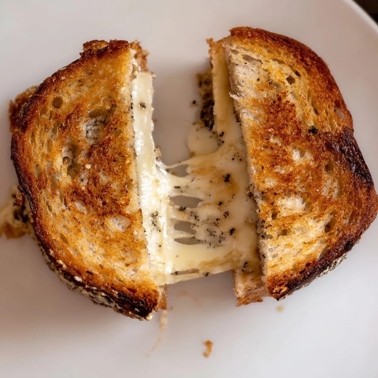 A close-up of a Truffle Grilled Cheese, highlighting the melted cheese and crispy sourdough crust speckled with truffle oil.