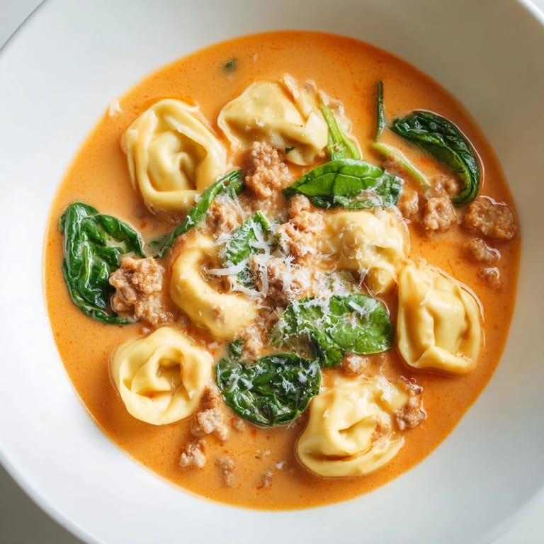 Tuscan Tortellini Soup in a rustic bowl, revealing cheesy tortellini and savory sausage swimming in a rich, creamy tomato base.