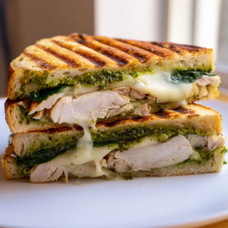 Sliced chicken pesto panini served on a rustic board with arugula garnish, highlighting the toasted crust and gooey mozzarella.
