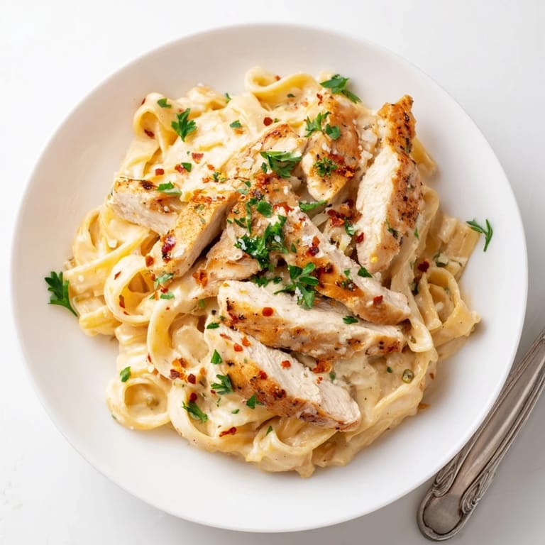 Tender slices of Cajun Chicken Alfredo tossed with silky Alfredo sauce, ready to be served with a glass of white wine.