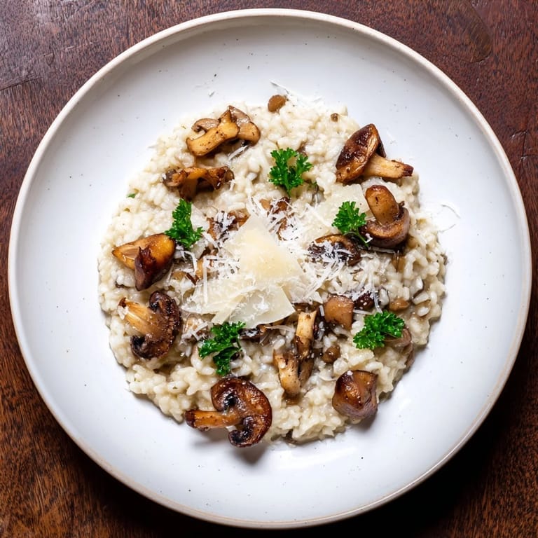 A rustic kitchen table setting featuring Roasted Mushroom Risotto in a skillet, garnished with thyme and served alongside a glass of white wine.