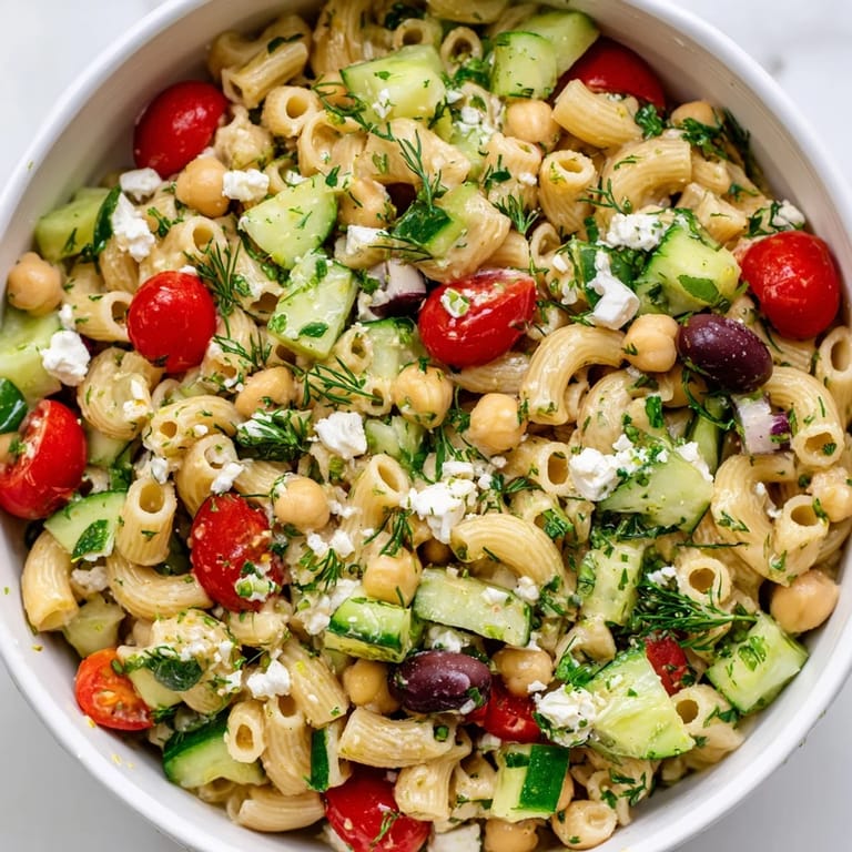 A vibrant bowl of Lemon Herb Chickpea Pasta Salad, featuring diced vegetables, fresh dill, and mint on a rustic wooden table.
