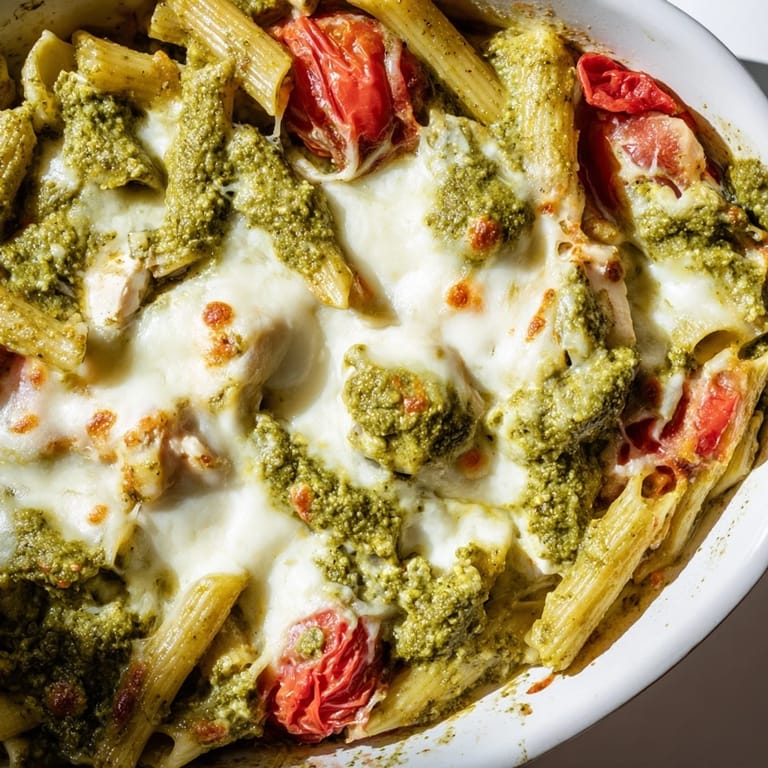 Comforting Italian-American casserole featuring penne and chicken in rich pesto sauce.  