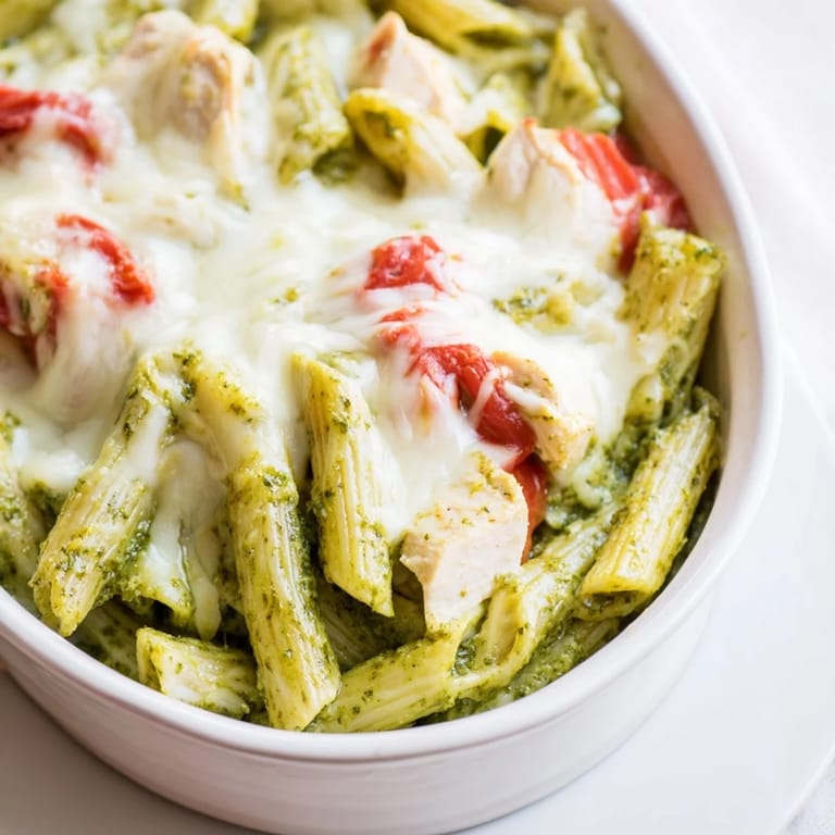 Family-style dinner with gooey cheese topping and vibrant green pesto swirls.