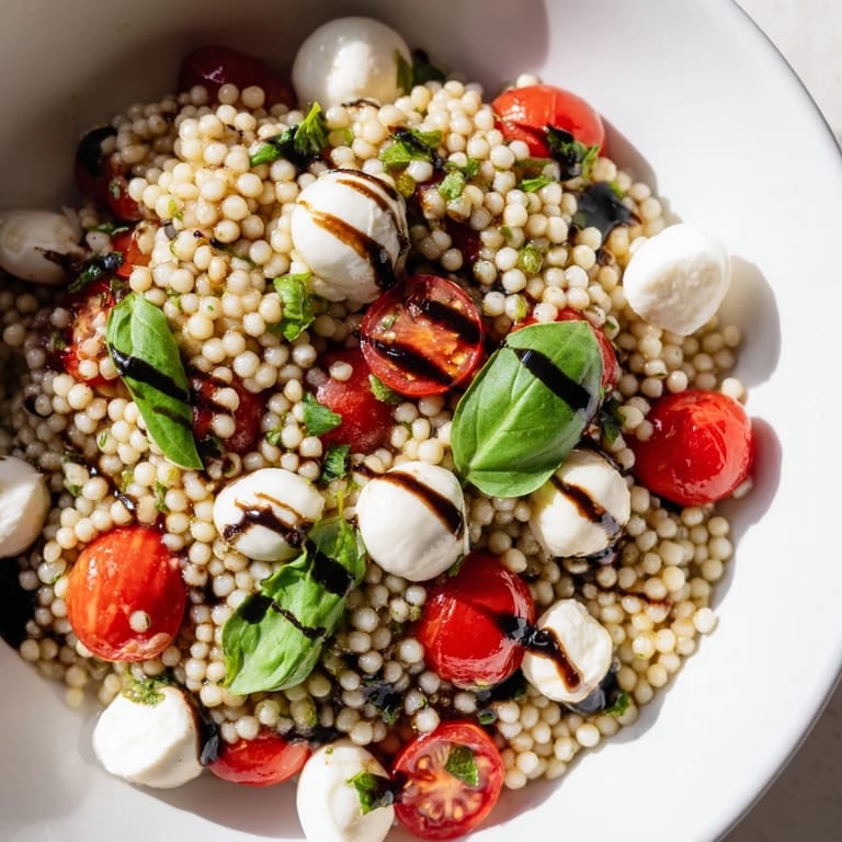 A close-up of Caprese Couscous Salad shows juicy halved tomatoes, soft mozzarella, and fluffy pearls of couscous, ready to be enjoyed.