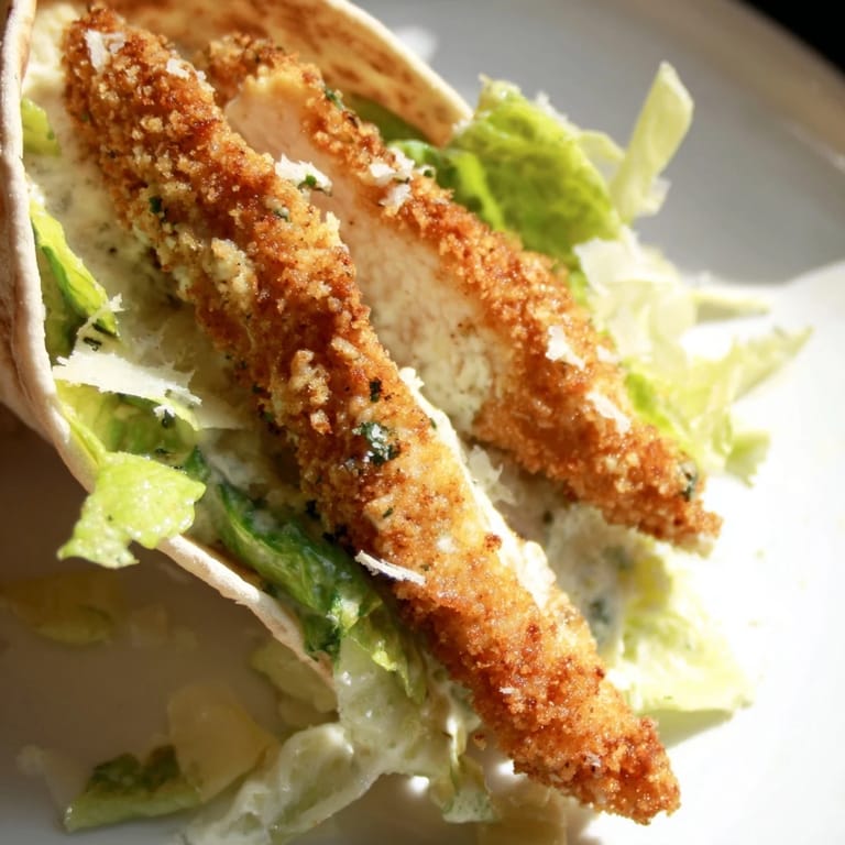 Golden breaded chicken strips tucked into warm pita pockets, paired with creamy Caesar salad for lunch.