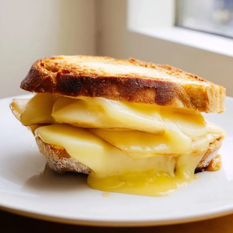A close-up of a crisp, buttery sandwich filled with smoky cheese and tart apple, cut on a diagonal to reveal the layers.