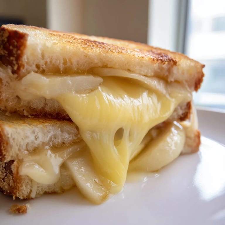 Melty smoked Gouda and crisp apple grilled cheese on toasted sourdough, paired with a small bowl of warm tomato soup for dipping.