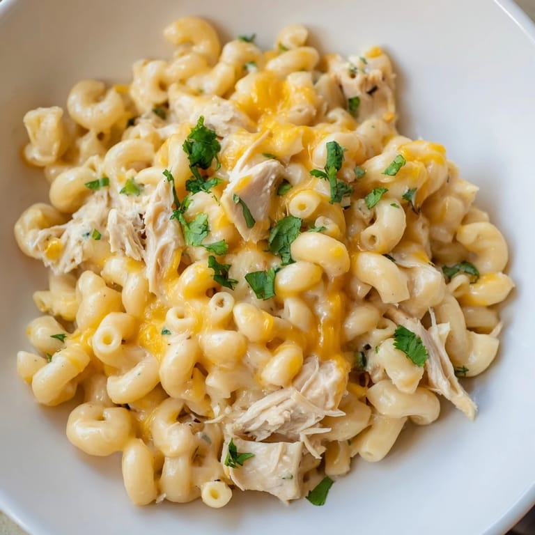 Comforting bowl of Green Chili Chicken Mac, showcasing elbow pasta coated in a rich, creamy cheese sauce with diced chicken and green chiles.