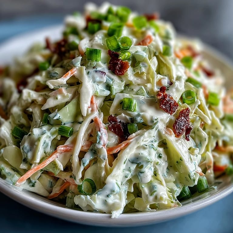 Crisp Best Cabbage Coleslaw served chilled in a white bowl, topped with fresh green onions and grated carrots.