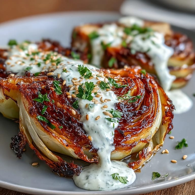 Tender roasted cabbage wedges, generously drizzled with nutty tahini dressing.