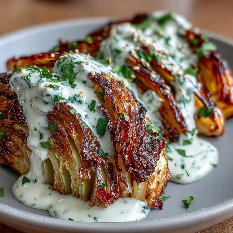 Easy roasted cabbage wedges, ready to be served with savory tahini.