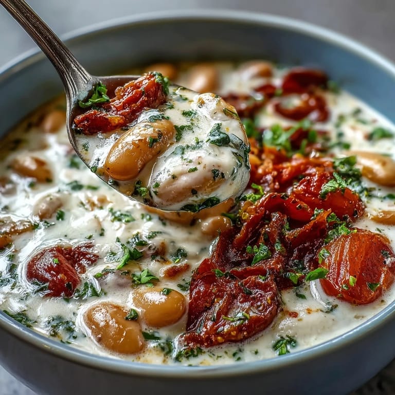 Bright, appetizing photo of White Bean Soup With Tomato in a white ceramic bowl, topped with a sprinkle of fresh basil.