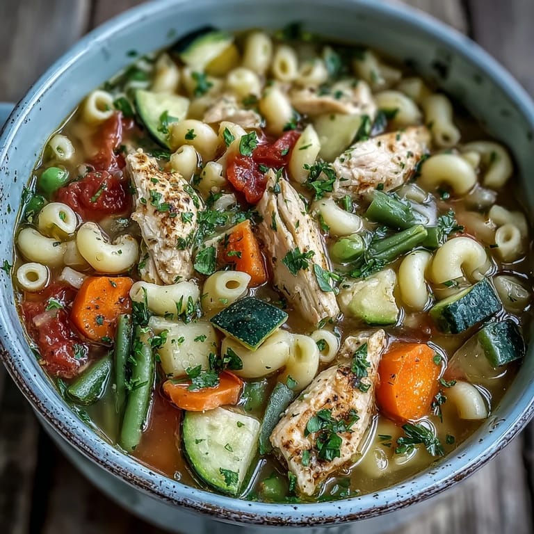 Close-up on a rustic wooden table, this pasta soup with chicken and vegetables showcases al dente pasta nestled in a rich, tomato-based broth with zucchini and peas.  