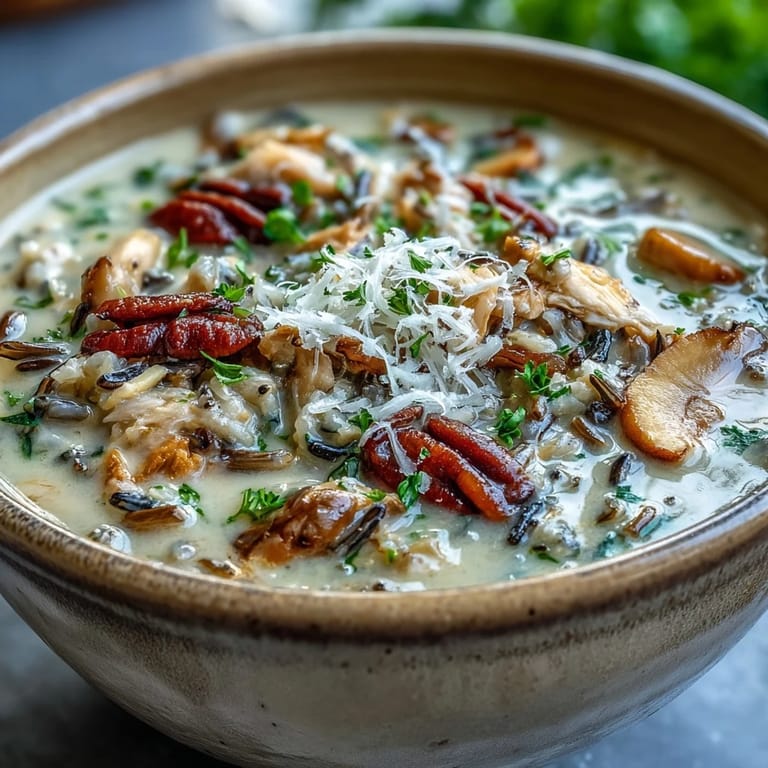 Hearty Parmesan Mushroom Chicken and Wild Rice Soup served in a rustic bowl, revealing the rich, creamy texture and a slice of crusty bread on the side.