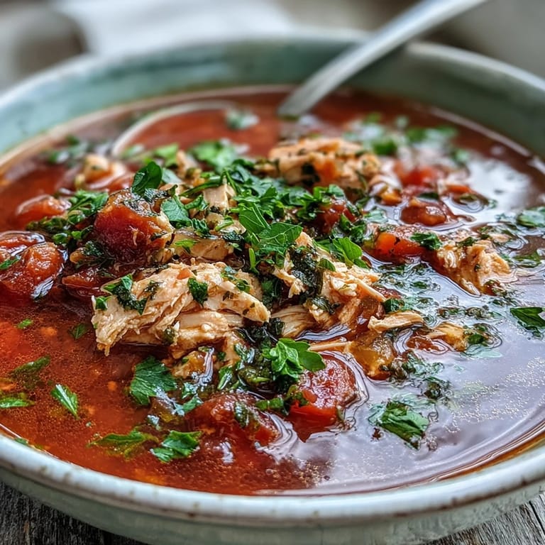 Close-up of Tuna and Tomato Soup with aromatic herbs and a side of crusty bread on a rustic table.