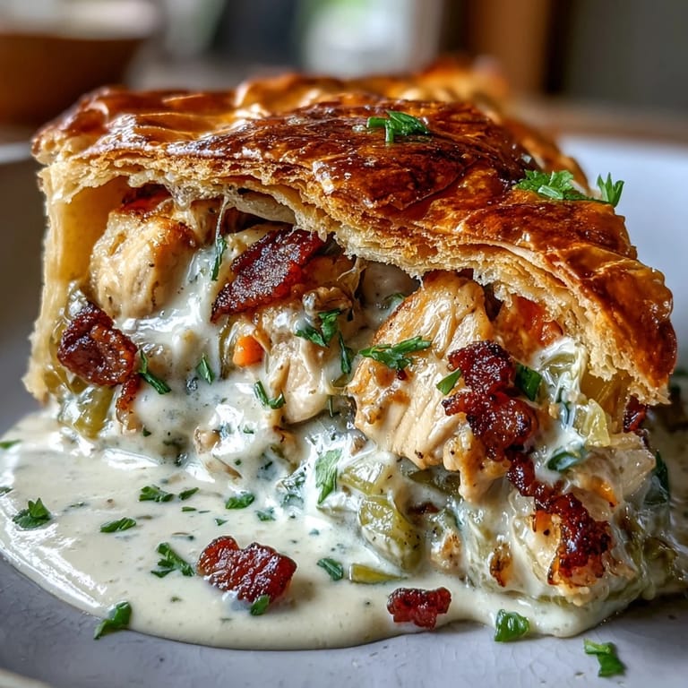 Close-up of a rustic chicken and leek pie slice, revealing rich creamy filling with leeks and chicken in a savory gravy under a golden crust.