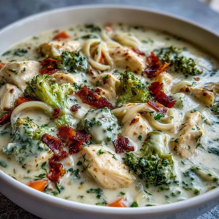 Creamy Best Chicken Broccoli Cheddar Soup in a white bowl, loaded with tender chicken and broccoli florets.