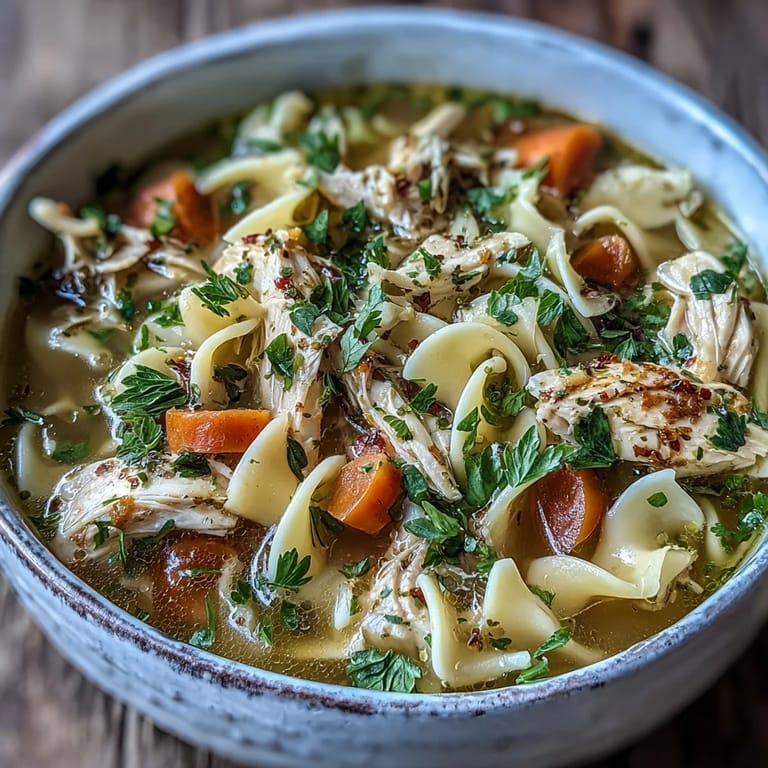 An overhead view of a pot of Chicken and Noodle Soup, bubbling with shredded chicken, diced carrots, celery, and herbs, ready to serve on a wooden table.