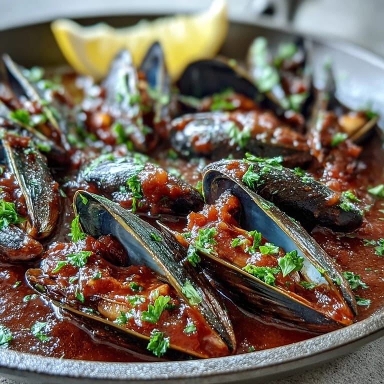 Tender Smoky Mussels Pomodoro garnished with fresh chopped parsley and red pepper flakes, emitting warm, savory steam.