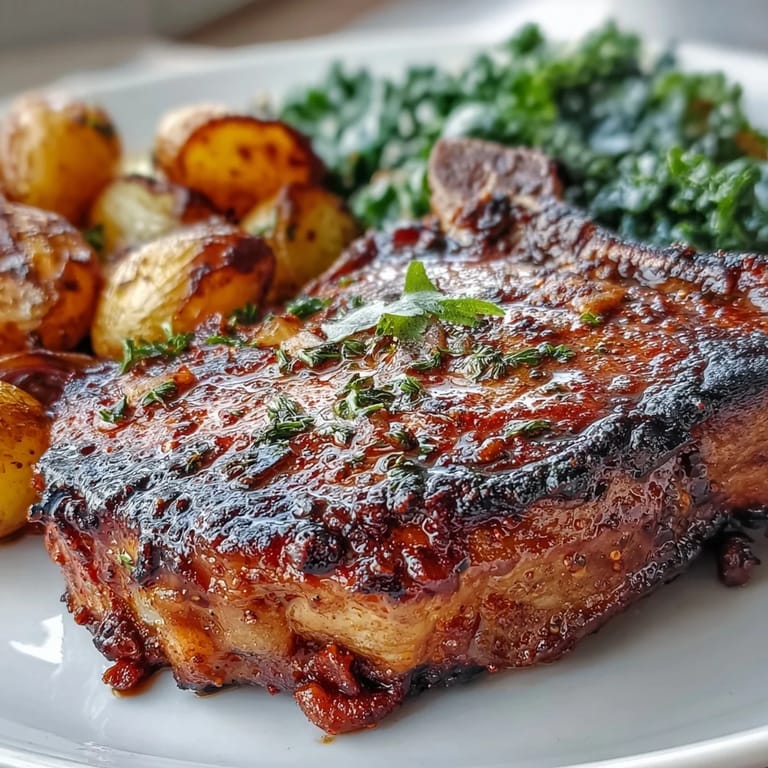 Juicy Aleppo Pork Chops marinated in smoky paprika roasted alongside crispy potatoes and fresh greens.