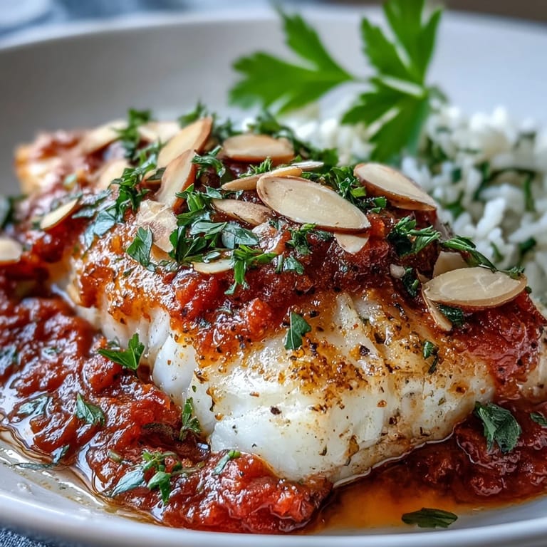 Fragrant ginger rice serves as a bed for tomato-roasted cod, garnished with toasted almond slivers and lemon wedges, ready to serve in white ceramic bowls.