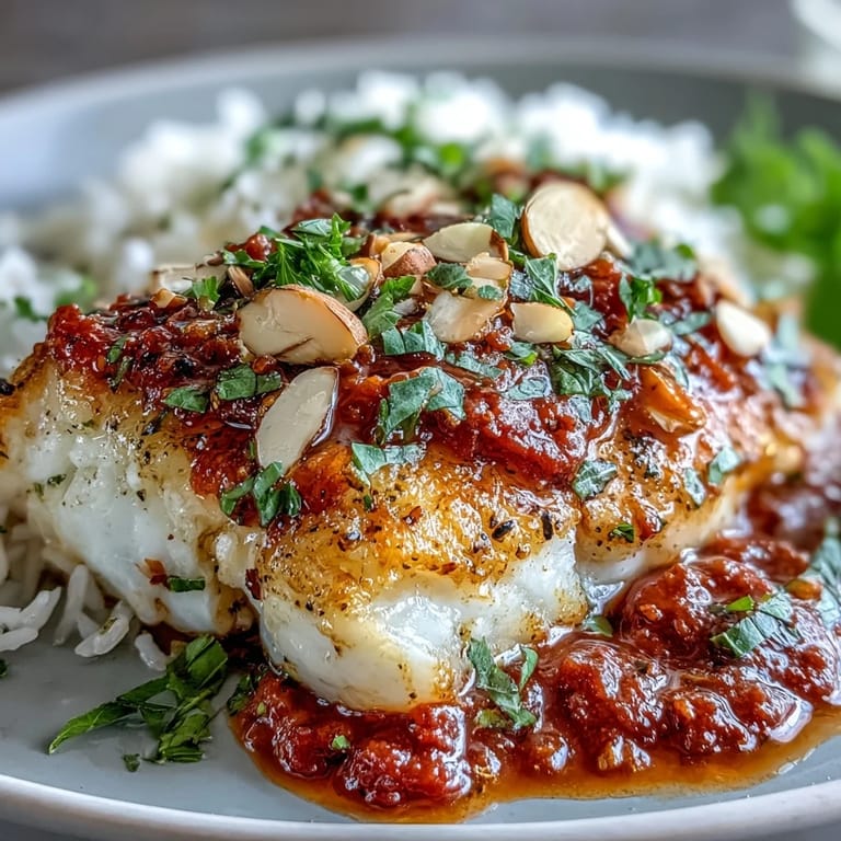Close-up of tender cod fillets covered in a rich tomato sauce, finished with golden, spiced almonds and fresh parsley for a delicious Mediterranean-inspired main dish.