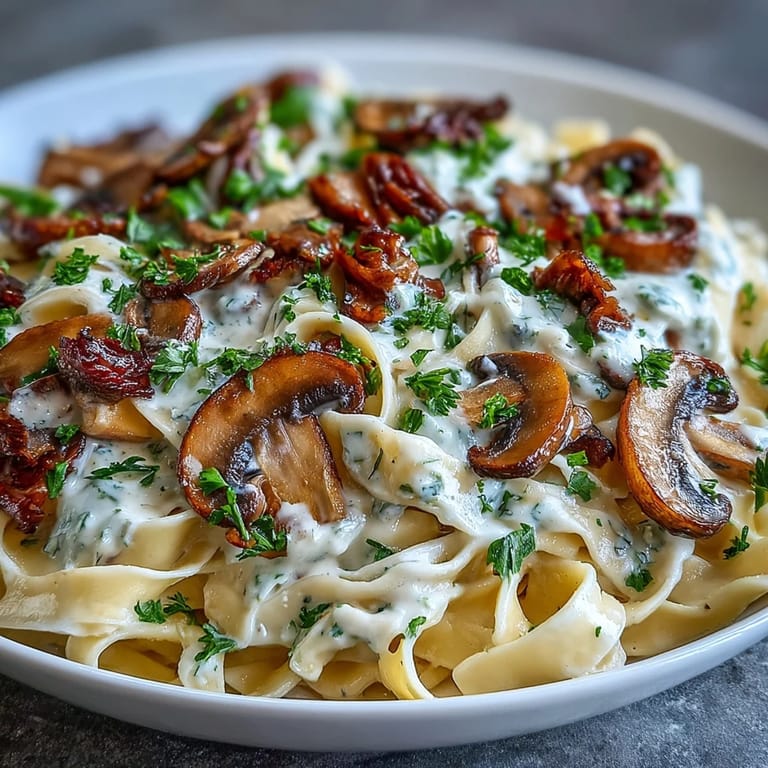 In a white bowl, Creamy Mushroom Stroganoff pasta is garnished with bright green parsley, sitting next to a glass of crisp white wine for a perfect dinner pairing.
