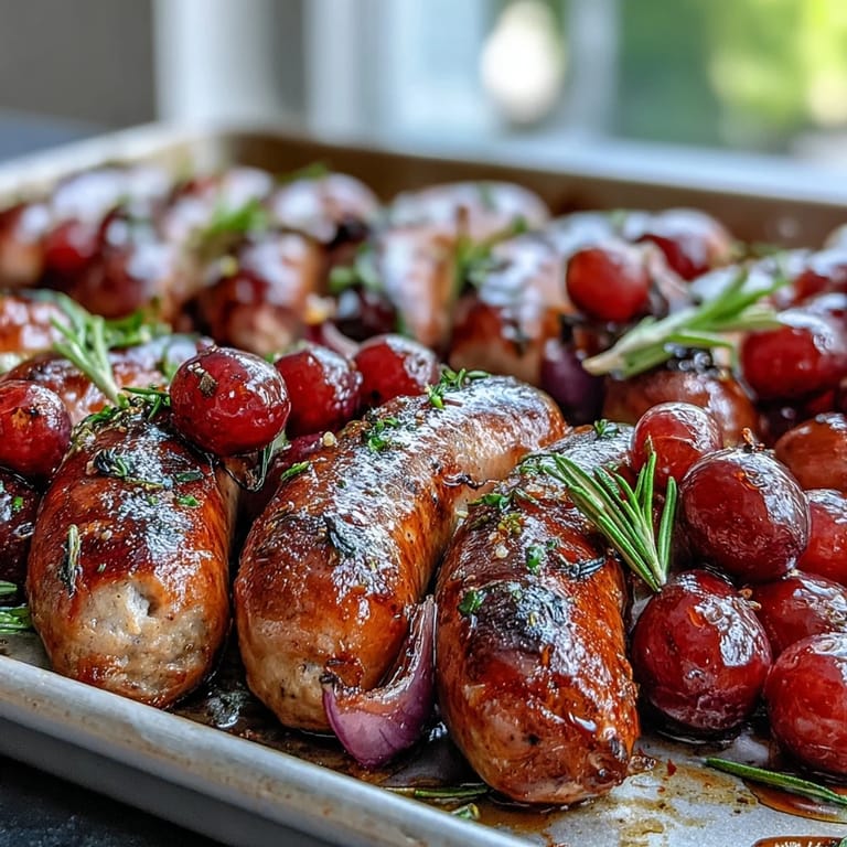 Savory-sweet roasted sausage and grapes plated with crusty bread, perfect for an easy weeknight dinner.