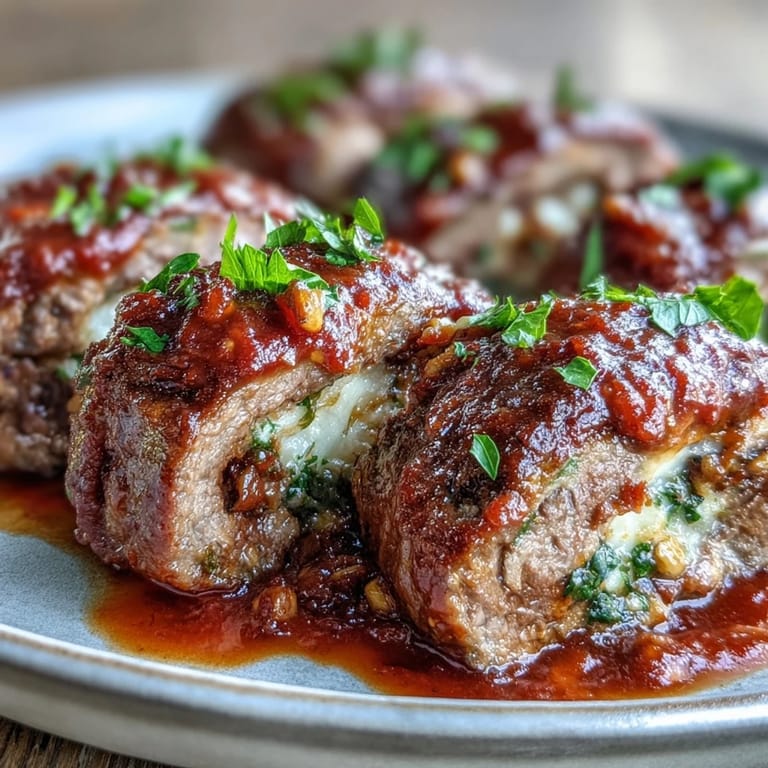 Platter of sliced Sicilian-Style Braciole topped with fresh basil, paired with pasta and a glass of red wine.
