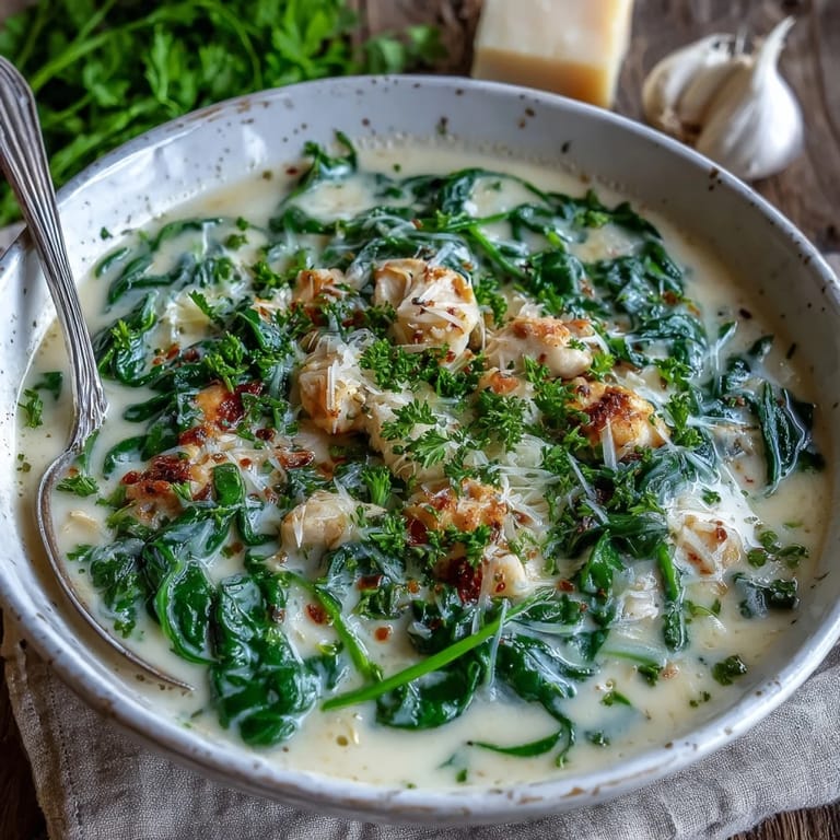 Garlic Parmesan Chicken Soup simmering in a pot with chopped onion, minced garlic, and fresh spinach wilting inside. 
