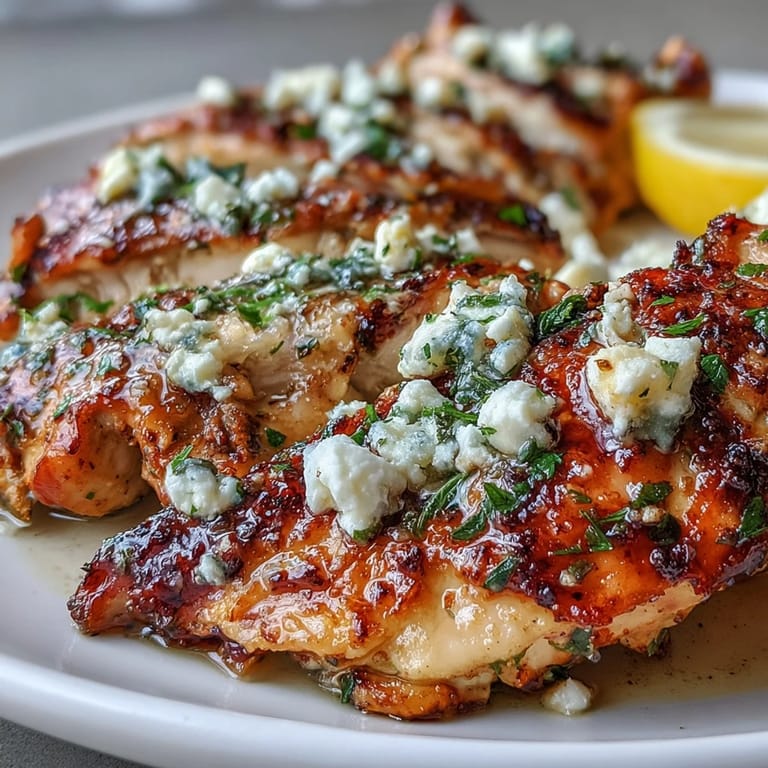 Tender Greek Chicken with Lemon and Feta plated with crumbled feta, chopped parsley, and zesty lemon wedges.