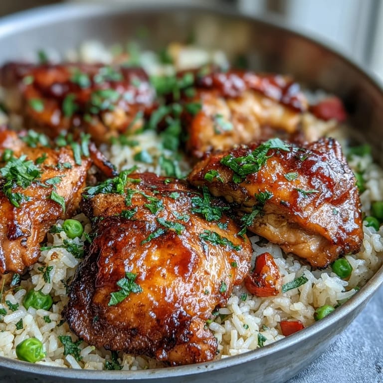 One-Pan Bold Honey BBQ Chicken Rice garnished with fresh parsley and a lime wedge, ready for a quick family dinner.