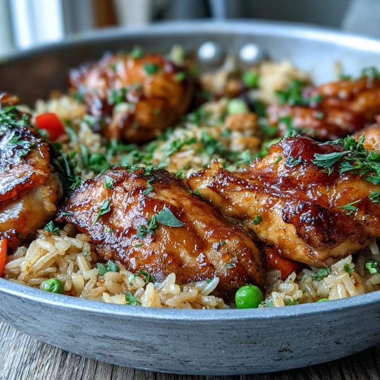 Close-up of One-Pan Bold Honey BBQ Chicken Rice, revealing glossy BBQ glaze, peas, carrots, and bell peppers mixed into grains.
