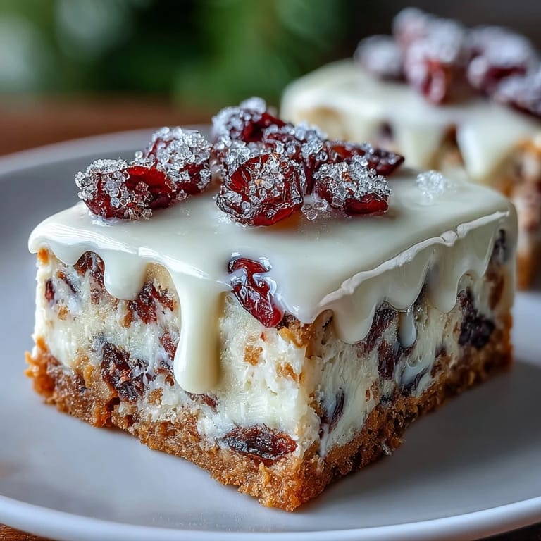 Freshly cut Cranberry Bliss Bars on a plate, ready for a cozy holiday dessert spread.
