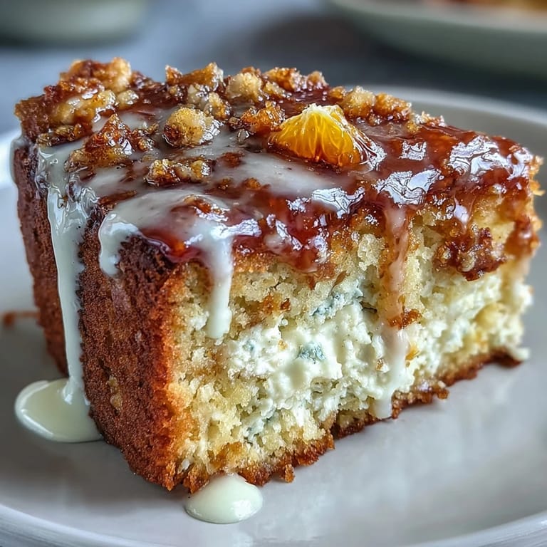 A slice of Heavenly Blood Orange Yogurt Cake reveals a moist crumb studded with blood orange zest.