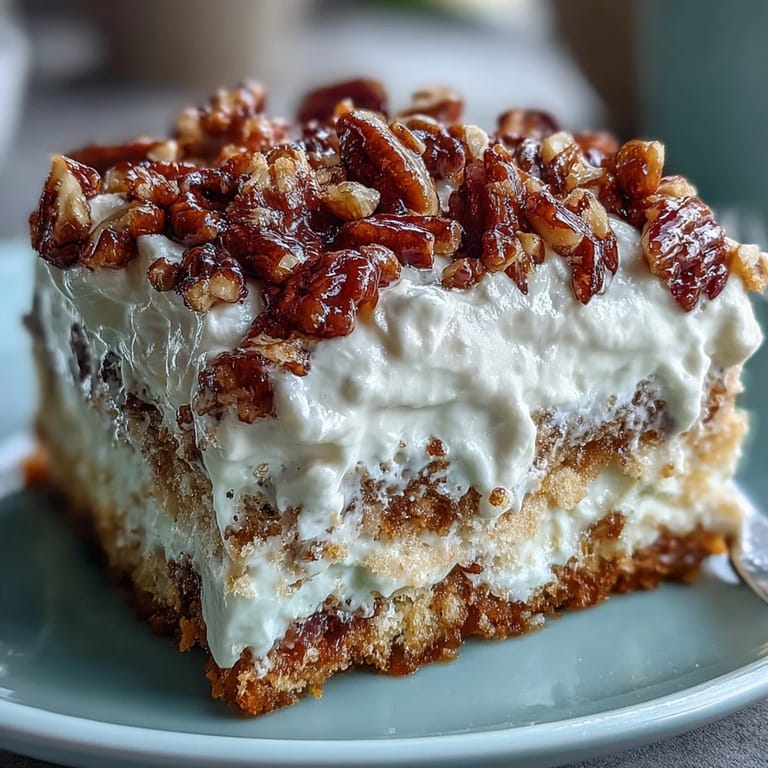 Freshly prepared Butter Pecan Tres Leches Cake with fluffy whipped topping and golden toasted pecans.