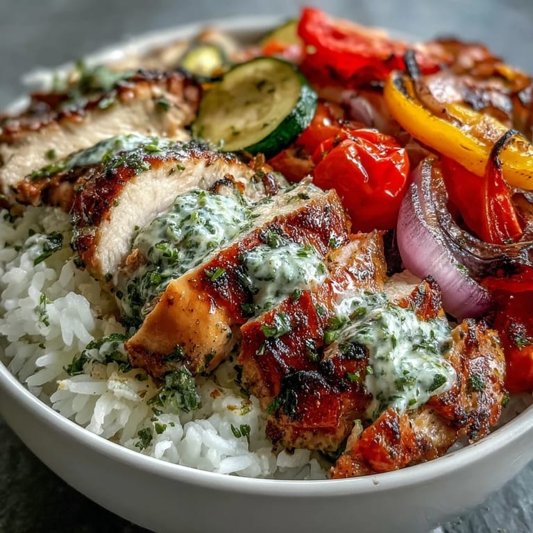 Overhead view of the Lemon Herb Roasted Chicken Bowl, with succulent chicken, caramelized vegetables, and a drizzle of fresh lemon dressing glistening on the rice.