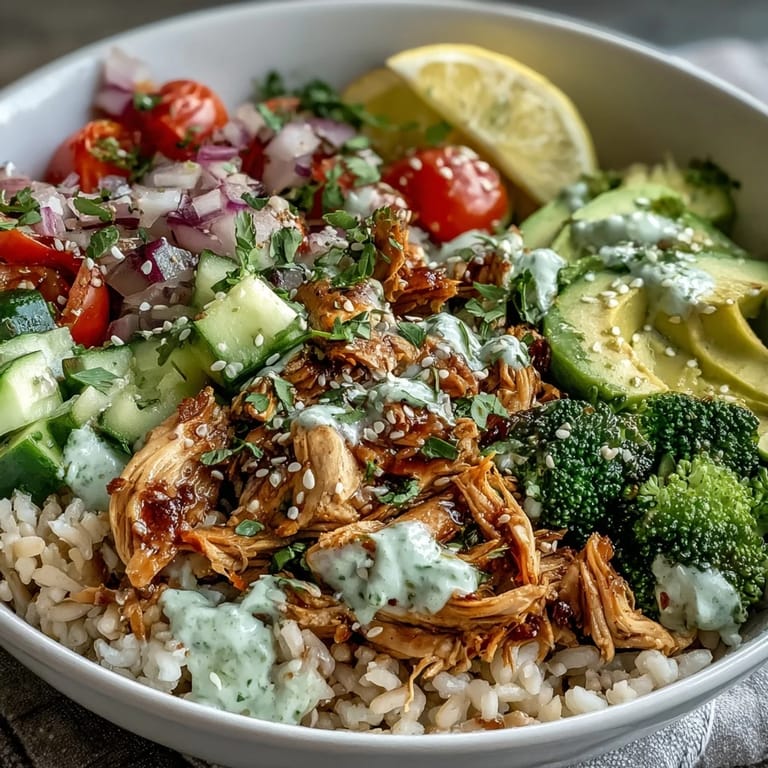 A freshly prepared Rotisserie Chicken Bowl with steamed broccoli and garnishes, served on a wooden table for a healthy meal.