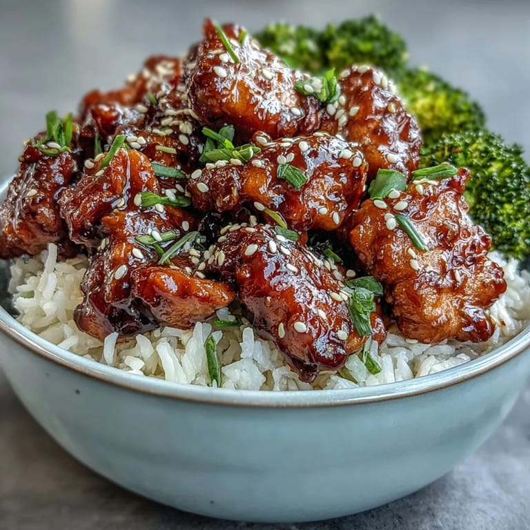 A close-up shows tender glazed chicken pieces, sesame seeds, and green onions atop a steaming bed of rice and colorful vegetables.  